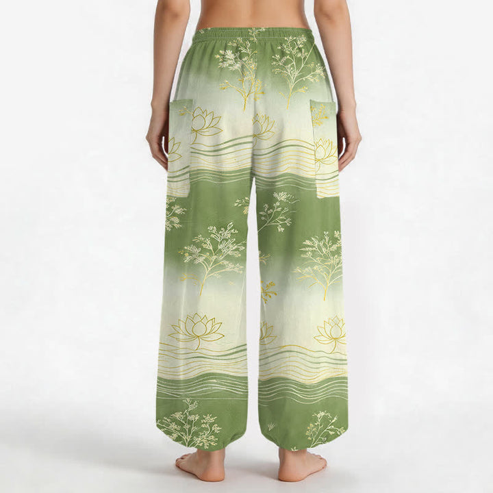 Buddha Stones Pantalones harem de algodón con estampado de olas de loto y cintura elástica para mujer, con bolsillos laterales. - image 12