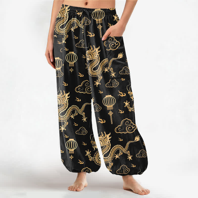 Buddha Stones Pantalones harem de algodón con estampado de linterna de dragón dorado para mujer, cintura elástica y bolsillos laterales. - Negro - US16，UK/AU20，EU48 (3XL) - image 0