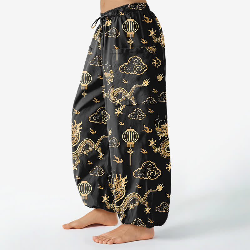 Buddha Stones Pantalones harem de algodón con estampado de linterna de dragón dorado para mujer, cintura elástica y bolsillos laterales. - image 1