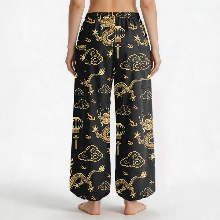 Buddha Stones Pantalones harem de algodón con estampado de linterna de dragón dorado para mujer, cintura elástica y bolsillos laterales. - image 2