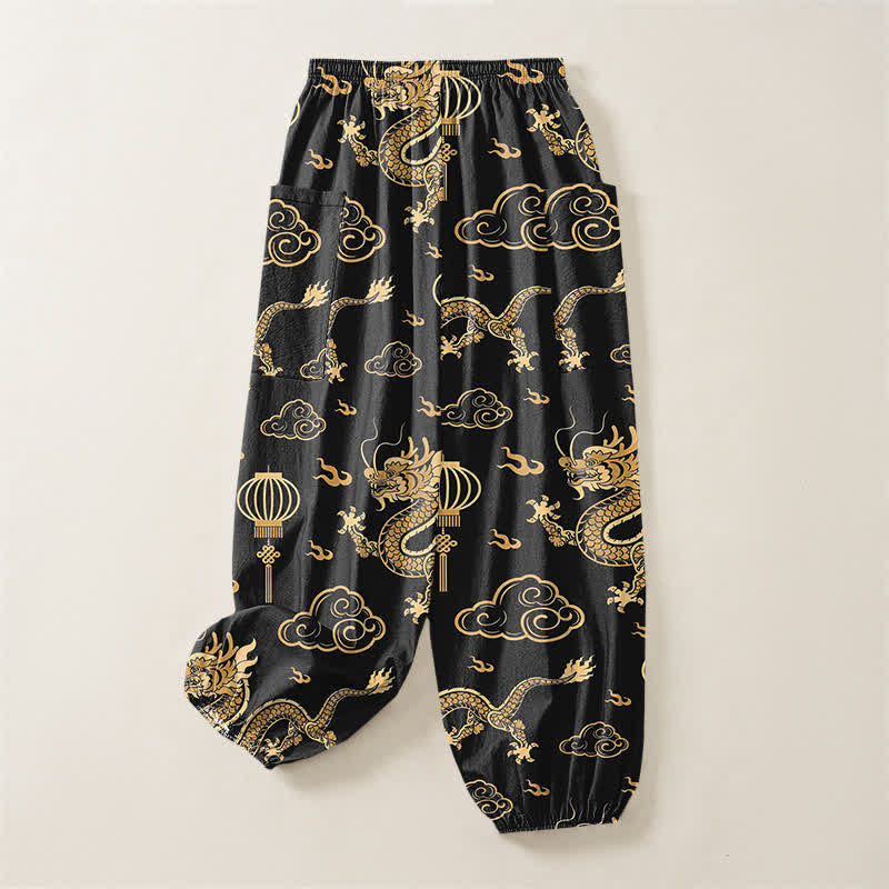 Buddha Stones Pantalones harem de algodón con estampado de linterna de dragón dorado para mujer, cintura elástica y bolsillos laterales. - image 4