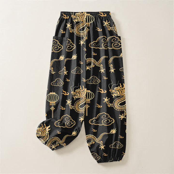 Buddha Stones Pantalones harem de algodón con estampado de linterna de dragón dorado para mujer, cintura elástica y bolsillos laterales. - image 4