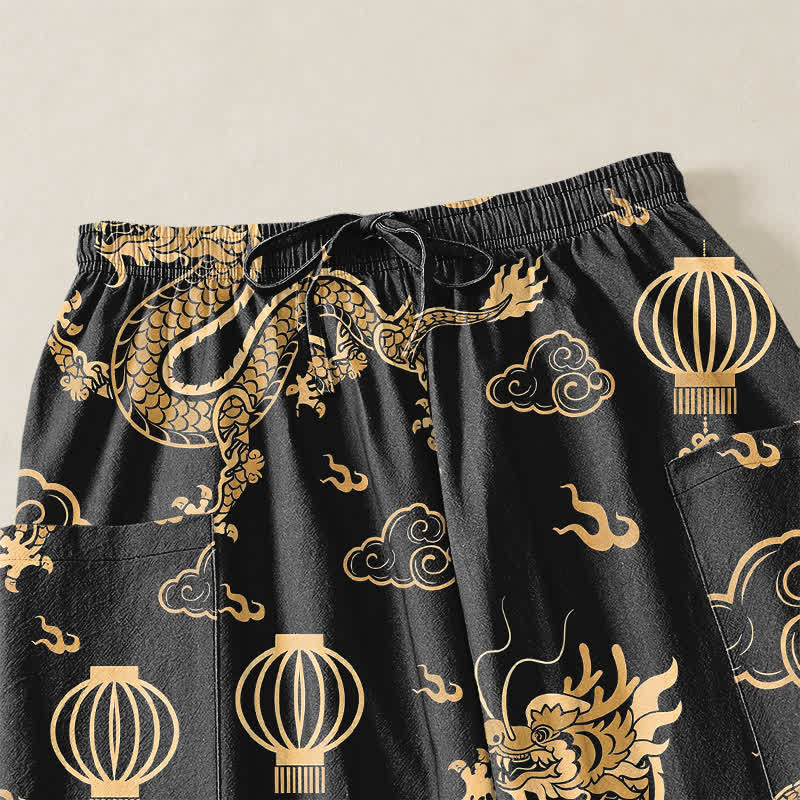 Buddha Stones Pantalones harem de algodón con estampado de linterna de dragón dorado para mujer, cintura elástica y bolsillos laterales. - image 5