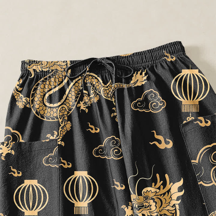 Buddha Stones Pantalones harem de algodón con estampado de linterna de dragón dorado para mujer, cintura elástica y bolsillos laterales. - image 5