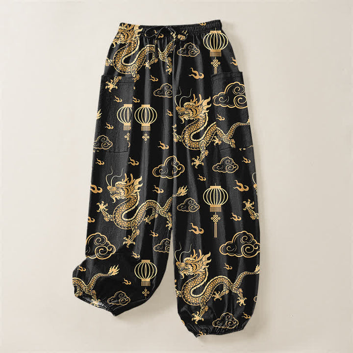 Buddha Stones Pantalones harem de algodón con estampado de linterna de dragón dorado para mujer, cintura elástica y bolsillos laterales. - image 3