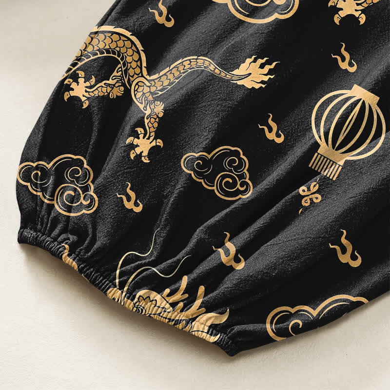 Buddha Stones Pantalones harem de algodón con estampado de linterna de dragón dorado para mujer, cintura elástica y bolsillos laterales. - image 6