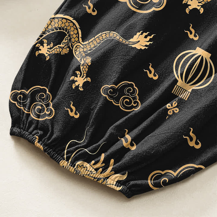 Buddha Stones Pantalones harem de algodón con estampado de linterna de dragón dorado para mujer, cintura elástica y bolsillos laterales. - image 6