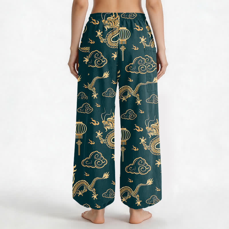 Buddha Stones Pantalones harem de algodón con estampado de linterna de dragón dorado para mujer, cintura elástica y bolsillos laterales. - image 9