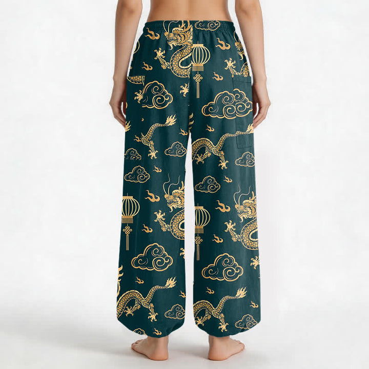 Buddha Stones Pantalones harem de algodón con estampado de linterna de dragón dorado para mujer, cintura elástica y bolsillos laterales. - image 9