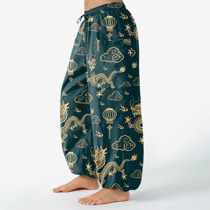 Buddha Stones Pantalones harem de algodón con estampado de linterna de dragón dorado para mujer, cintura elástica y bolsillos laterales. - image 8