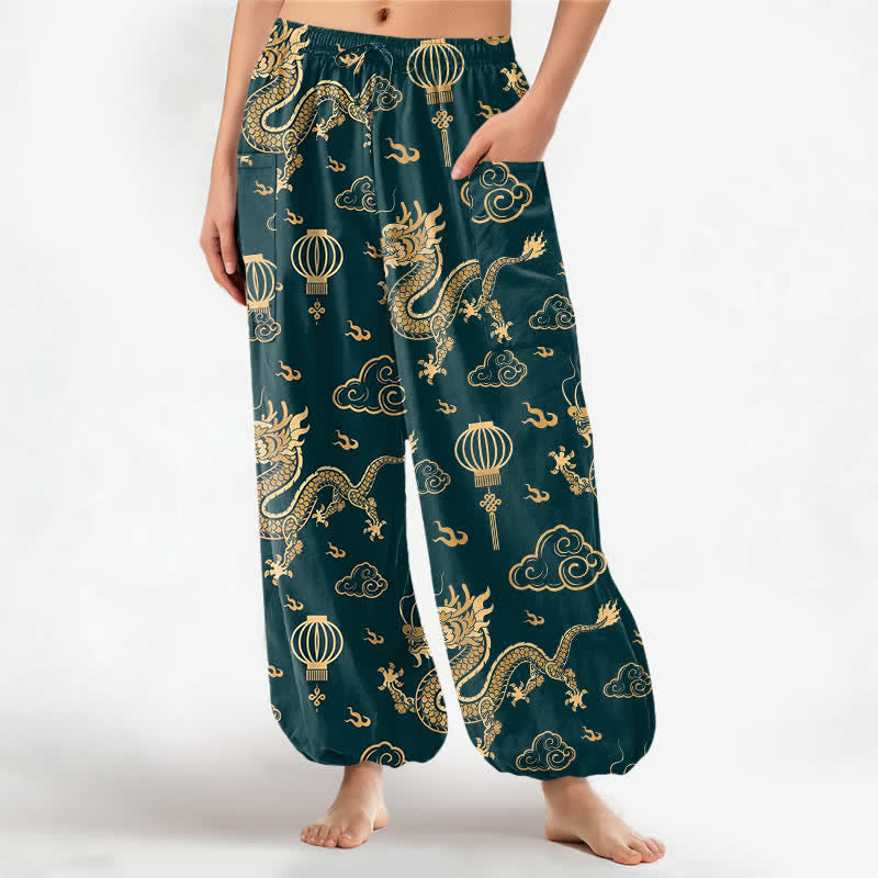 Buddha Stones Pantalones harem de algodón con estampado de linterna de dragón dorado para mujer, cintura elástica y bolsillos laterales. - Verde azulado - US16，UK/AU20，EU48 (3XL) - image 7
