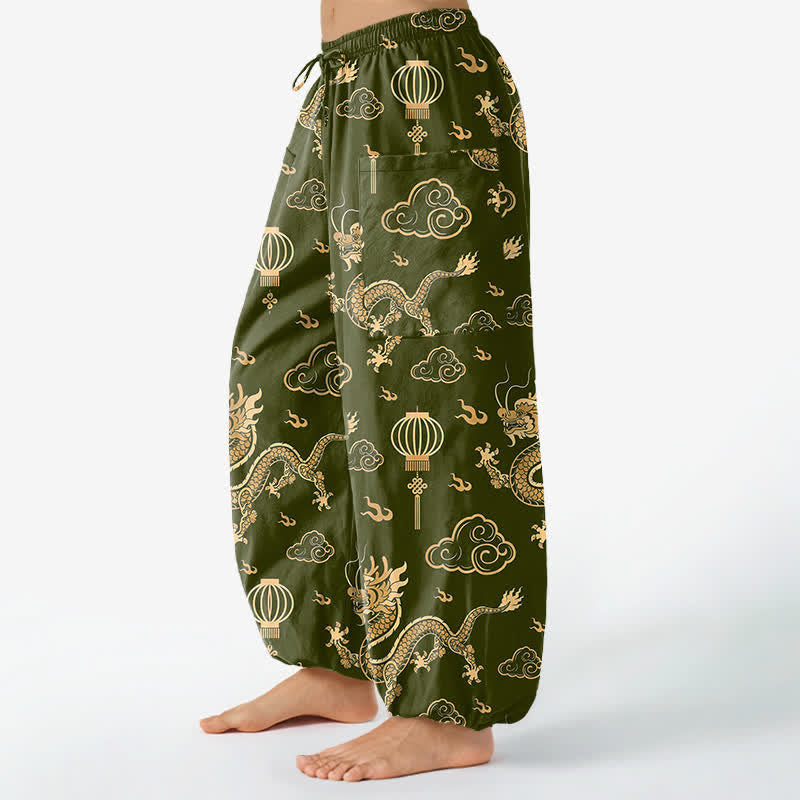 Buddha Stones Pantalones harem de algodón con estampado de linterna de dragón dorado para mujer, cintura elástica y bolsillos laterales. - image 11