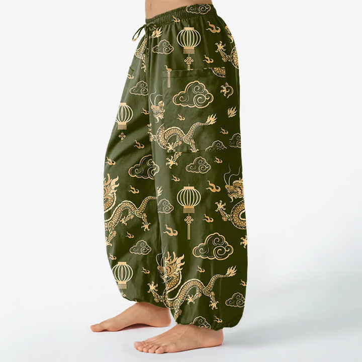Buddha Stones Pantalones harem de algodón con estampado de linterna de dragón dorado para mujer, cintura elástica y bolsillos laterales. - image 11