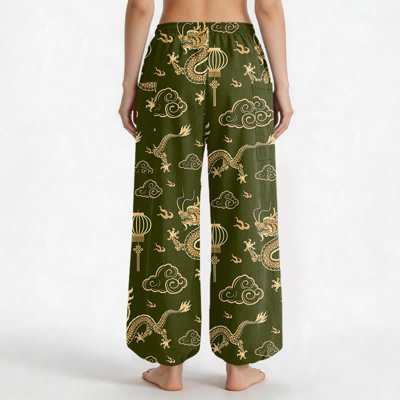 Buddha Stones Pantalones harem de algodón con estampado de linterna de dragón dorado para mujer, cintura elástica y bolsillos laterales. - image 12