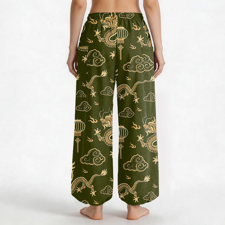 Buddha Stones Pantalones harem de algodón con estampado de linterna de dragón dorado para mujer, cintura elástica y bolsillos laterales. - image 12