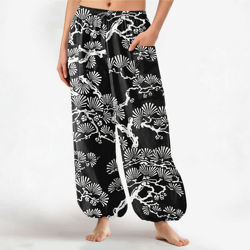 Buddha Stones Pantalones harem de algodón con estampado de follaje oriental para mujer, cintura elástica y bolsillos laterales. - Negro - US16，UK/AU20，EU48 (3XL) - image 0