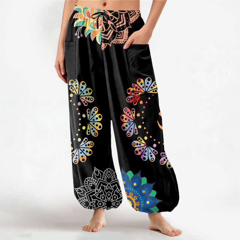 Buddha Stones Pantalones harem de algodón con estampado de mandala de loto OM para mujer, cintura elástica y bolsillos laterales. - Negro - US16，UK/AU20，EU48 (3XL) - image 0