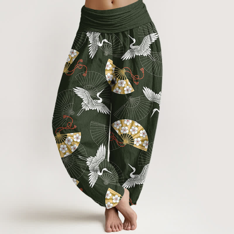 Buddha Stones Pantalones harem de algodón con estampado de abanico de grulla oriental para mujer con cintura elástica. - Verde oscuro - US16，UK/AU20，EU48 (3XL) - image 0