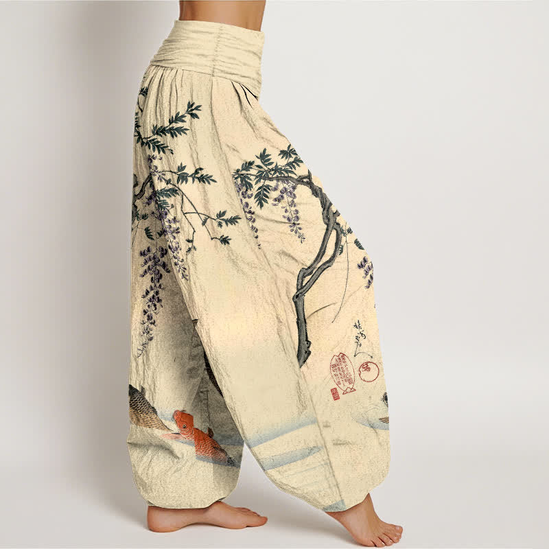 Buddha Stones Pantalones harem de algodón con estampado de carpas koi y glicinias para mujer, con cintura elástica. - image 1