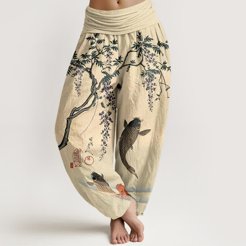 Buddha Stones Pantalones harem de algodón con estampado de carpas koi y glicinias para mujer, con cintura elástica. - Chifón de limón - US16，UK/AU20，EU48 (3XL) - image 0