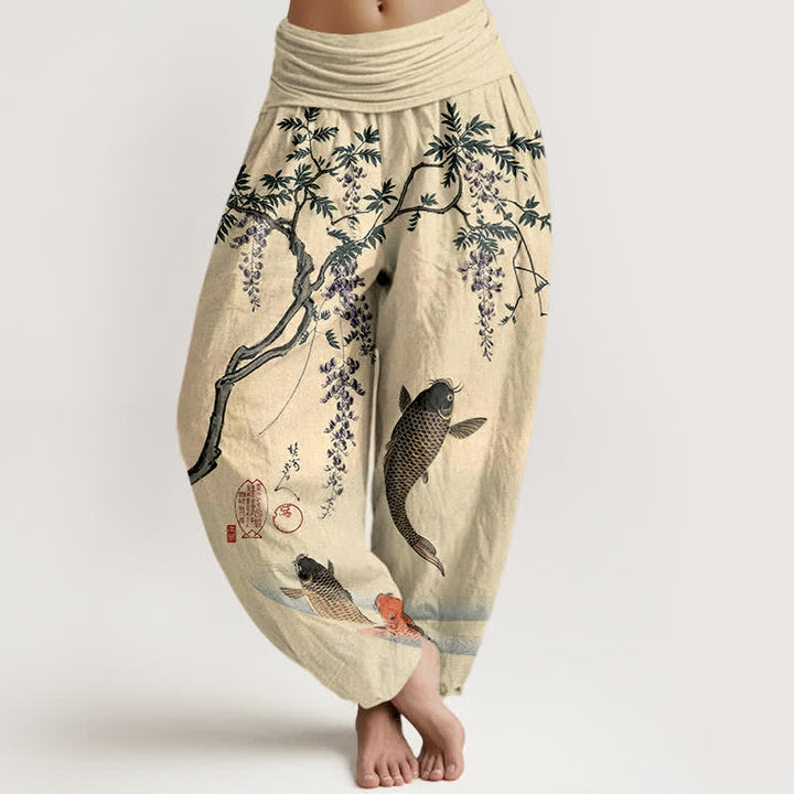 Buddha Stones Pantalones harem de algodón con estampado de carpas koi y glicinias para mujer, con cintura elástica. - Chifón de limón - US16，UK/AU20，EU48 (3XL) - image 0