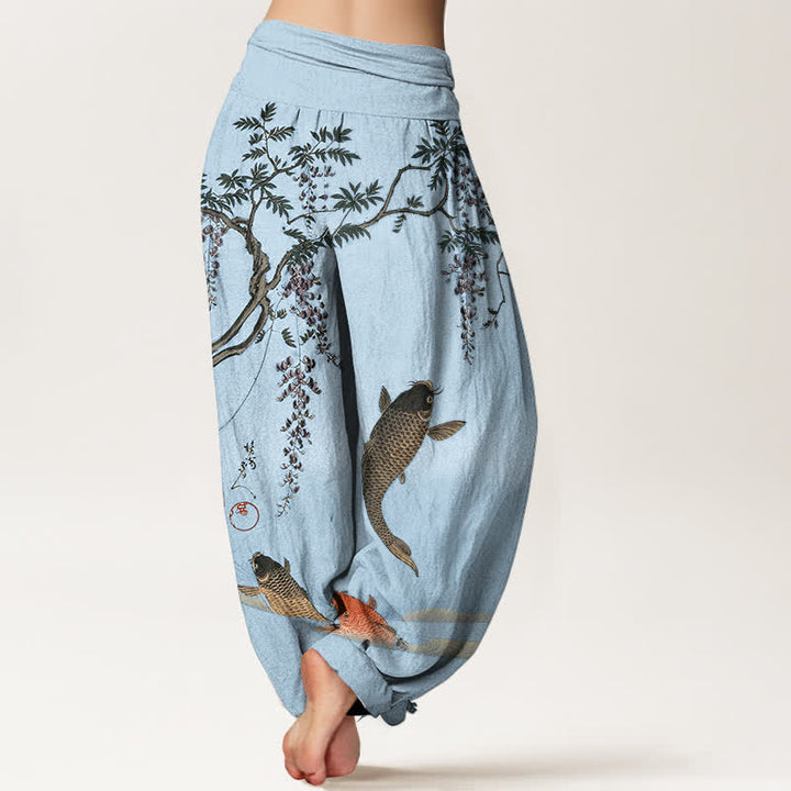 Buddha Stones Pantalones harem de algodón con estampado de carpas koi y glicinias para mujer, con cintura elástica. - image 7