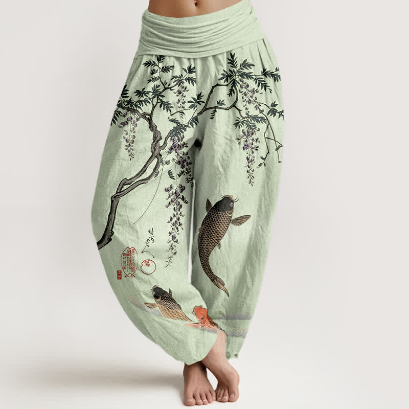Buddha Stones Pantalones harem de algodón con estampado de carpas koi y glicinias para mujer, con cintura elástica. - Verde pálido - US16，UK/AU20，EU48 (3XL) - image 8
