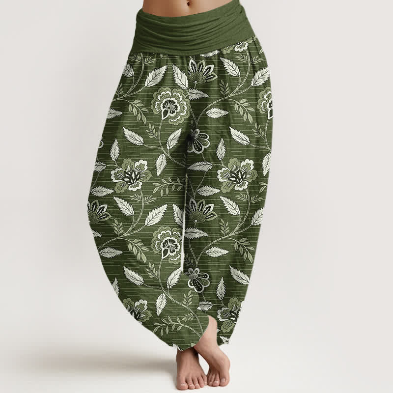 Buddha Stones Pantalones harem de algodón con estampado floral vintage y cintura elástica para mujer. - Verde oliva - US16，UK/AU20，EU48 (3XL) - image 5