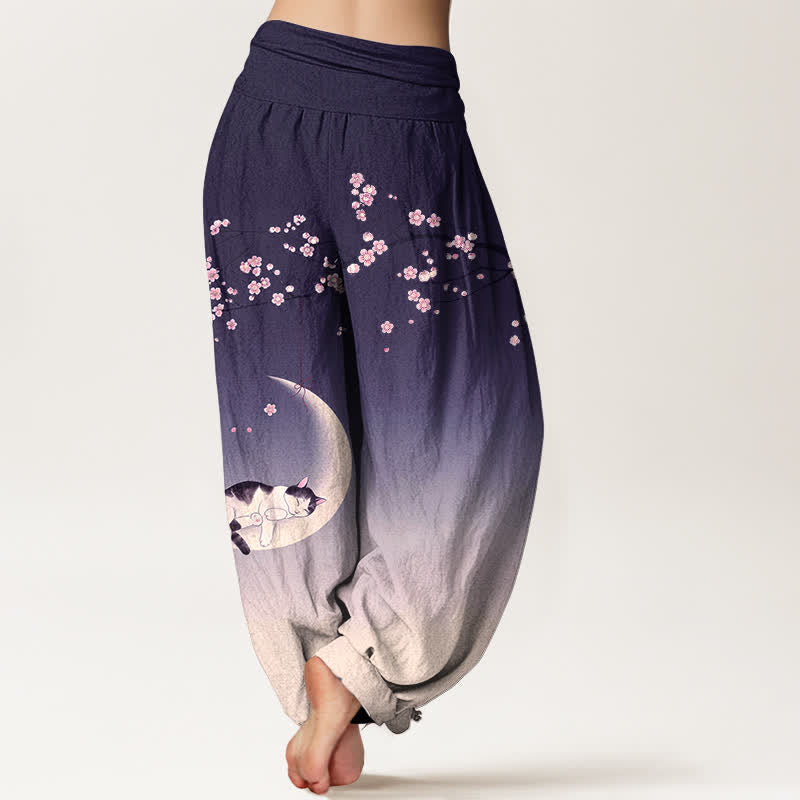 Buddha Stones Pantalones harem de algodón con estampado de gato y luna Sakura para mujer con cintura elástica. - image 7