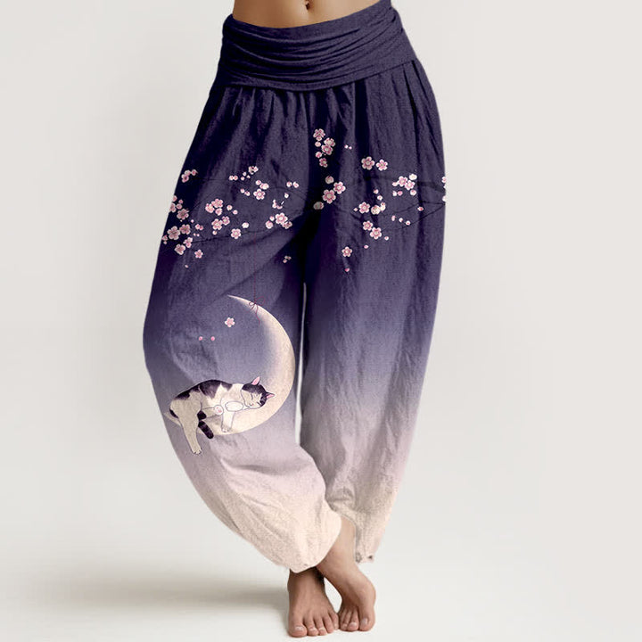 Buddha Stones Pantalones harem de algodón con estampado de gato y luna Sakura para mujer con cintura elástica. - Índigo - US16，UK/AU20，EU48 (3XL) - image 5