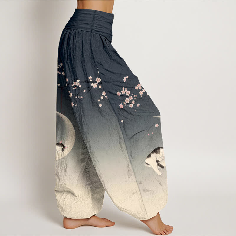 Buddha Stones Pantalones harem de algodón con estampado de gato y luna Sakura para mujer con cintura elástica. - image 9