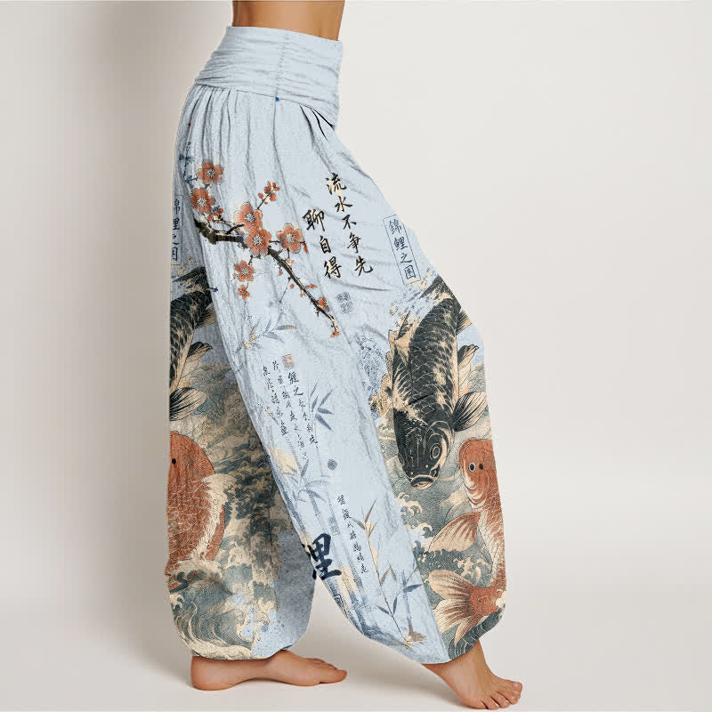 Buddha Stones Pantalones harem de algodón con estampado de caligrafía de peces koi para mujer con cintura elástica. - image 6