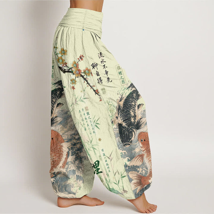 Buddha Stones Pantalones harem de algodón con estampado de caligrafía de peces koi para mujer con cintura elástica. - image 9