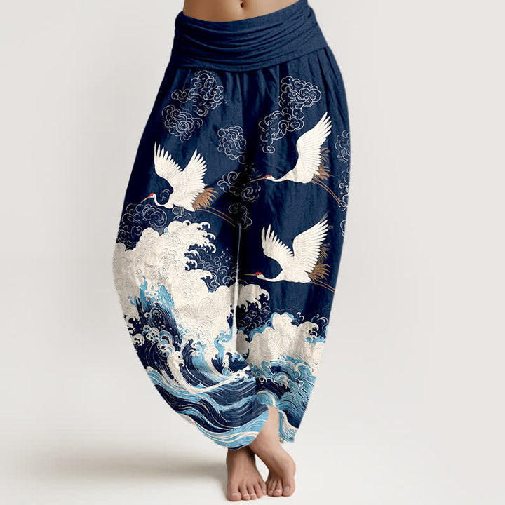 Buddha Stones Pantalones harem de mujer con cintura elástica y estampado de nubes y grullas de algodón. - Marina de guerra - US16，UK/AU20，EU48 (3XL) - image 0