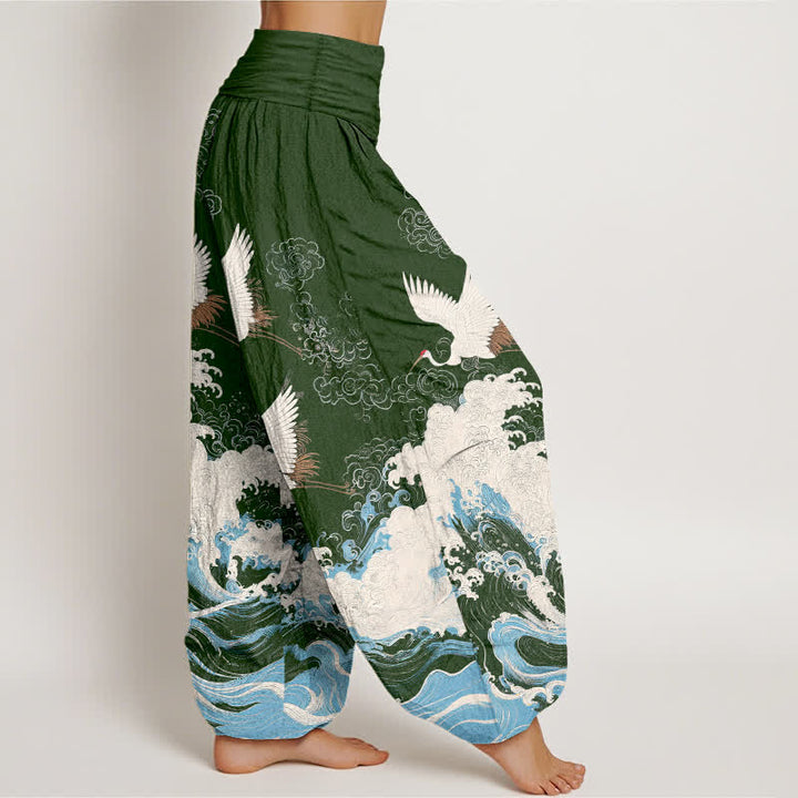 Buddha Stones Pantalones harem de mujer con cintura elástica y estampado de nubes y grullas de algodón. - image 6