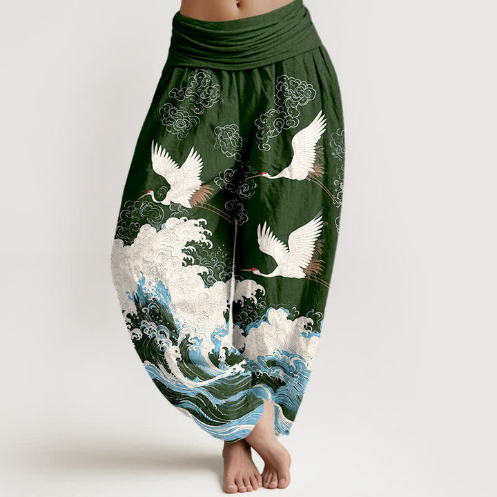 Buddha Stones Pantalones harem de mujer con cintura elástica y estampado de nubes y grullas de algodón. - Verde oscuro - US16，UK/AU20，EU48 (3XL) - image 5