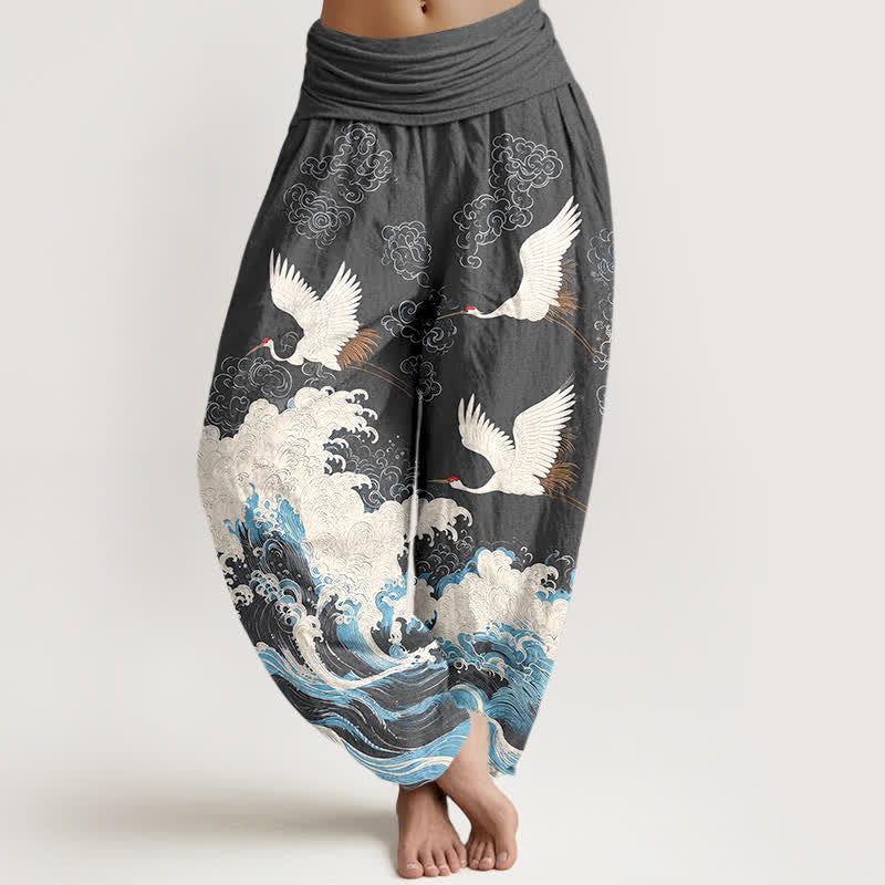 Buddha Stones Pantalones harem de mujer con cintura elástica y estampado de nubes y grullas de algodón. - Gris oscuro - US16，UK/AU20，EU48 (3XL) - image 8