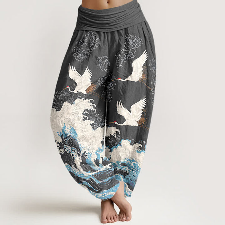 Buddha Stones Pantalones harem de mujer con cintura elástica y estampado de nubes y grullas de algodón. - Gris oscuro - US16，UK/AU20，EU48 (3XL) - image 8