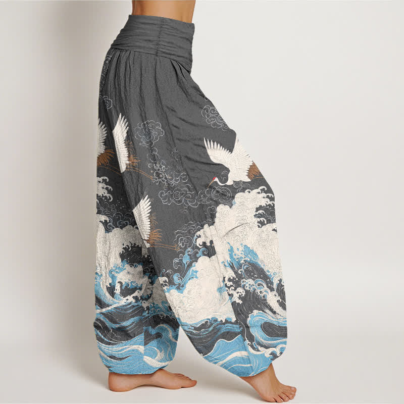 Buddha Stones Pantalones harem de mujer con cintura elástica y estampado de nubes y grullas de algodón. - image 9