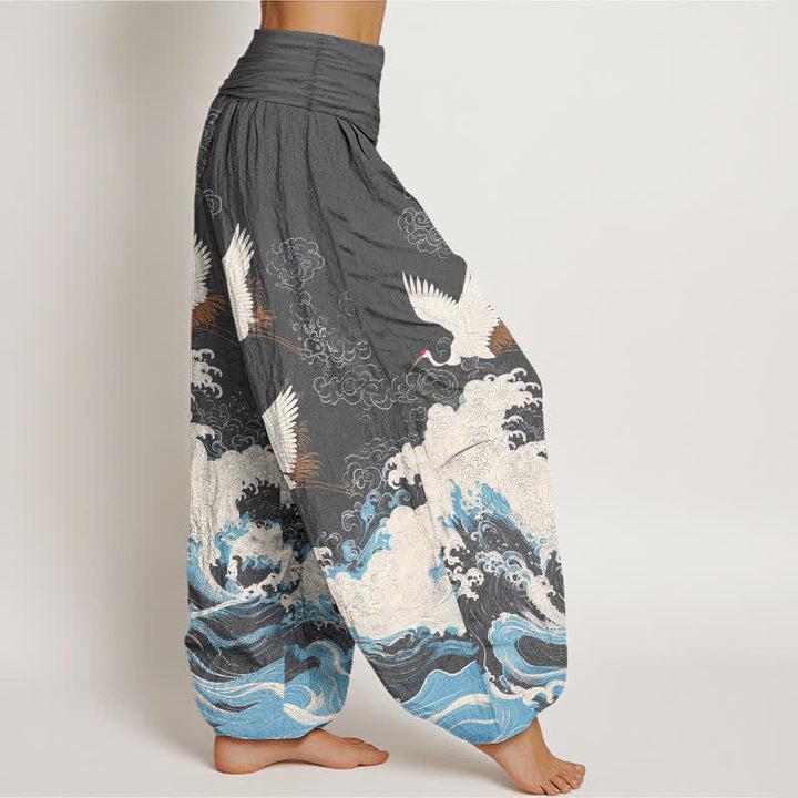 Buddha Stones Pantalones harem de mujer con cintura elástica y estampado de nubes y grullas de algodón. - image 9