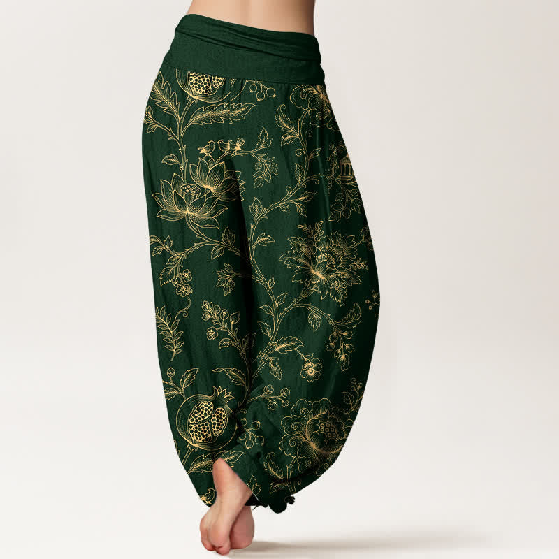 Buddha Stones Pantalones harem de algodón dorado con estampado floral y cintura elástica para mujer. - image 2