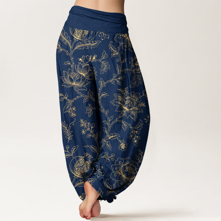Buddha Stones Pantalones harem de algodón dorado con estampado floral y cintura elástica para mujer. - image 10