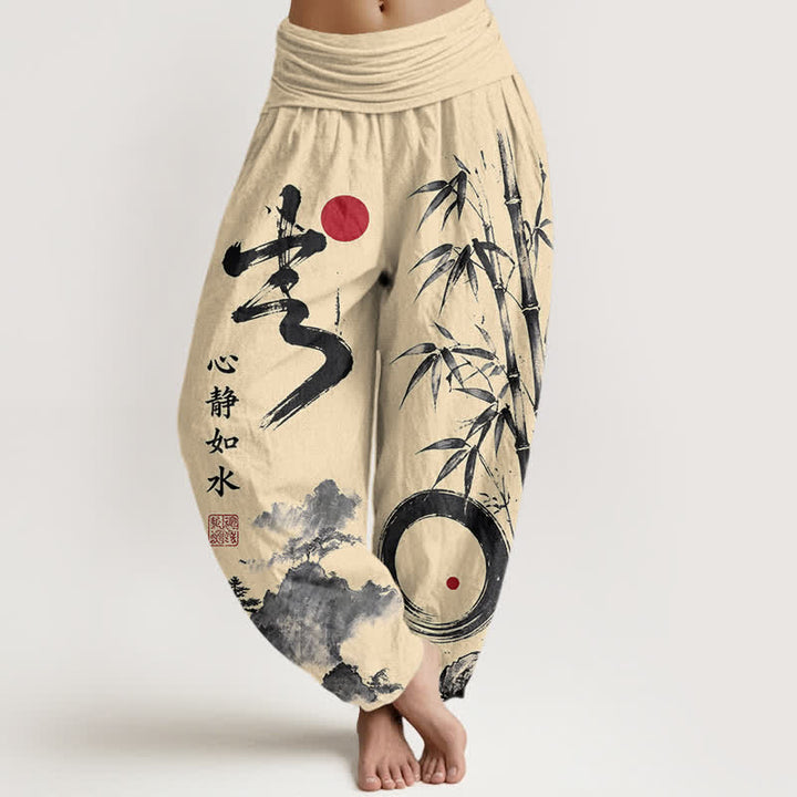Buddha Stones Pantalones harem de mujer con cintura elástica y estampado de paisaje de bambú y algodón. - Chifón de limón - US16，UK/AU20，EU48 (3XL) - image 0