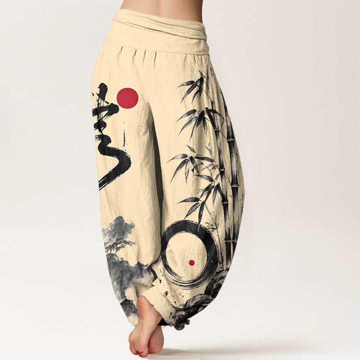 Buddha Stones Pantalones harem de mujer con cintura elástica y estampado de paisaje de bambú y algodón. - image 2