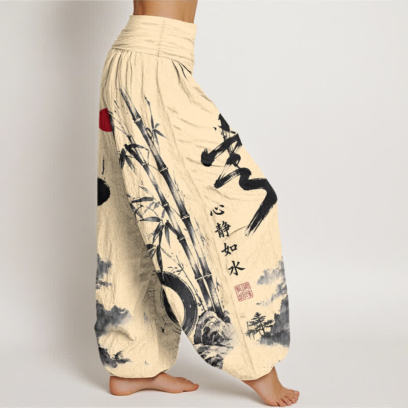 Buddha Stones Pantalones harem de mujer con cintura elástica y estampado de paisaje de bambú y algodón. - image 1