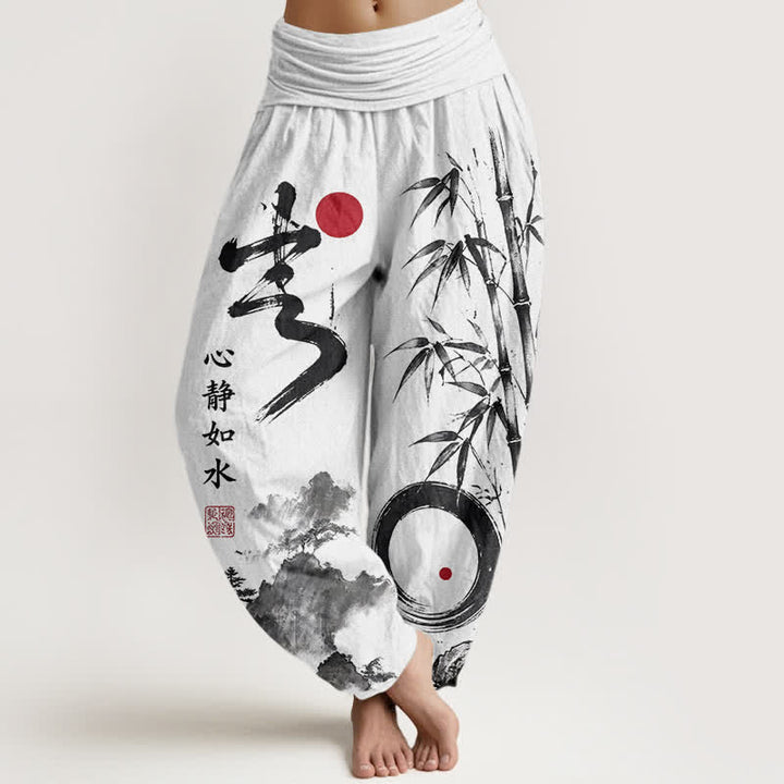 Buddha Stones Pantalones harem de mujer con cintura elástica y estampado de paisaje de bambú y algodón. - Blanco - US16，UK/AU20，EU48 (3XL) - image 5