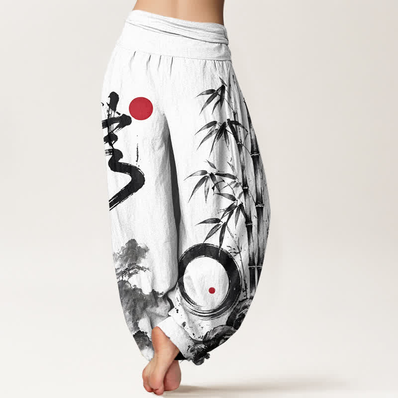 Buddha Stones Pantalones harem de mujer con cintura elástica y estampado de paisaje de bambú y algodón. - image 7