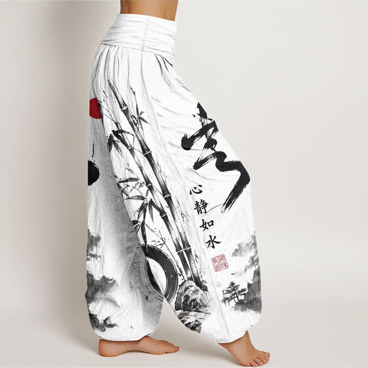 Buddha Stones Pantalones harem de mujer con cintura elástica y estampado de paisaje de bambú y algodón. - image 6
