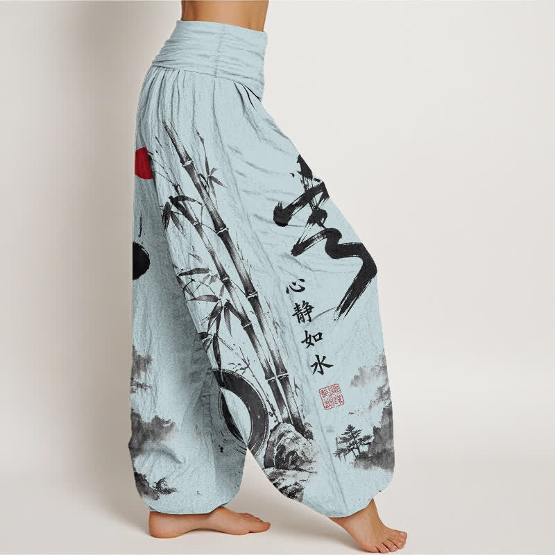 Buddha Stones Pantalones harem de mujer con cintura elástica y estampado de paisaje de bambú y algodón. - image 9