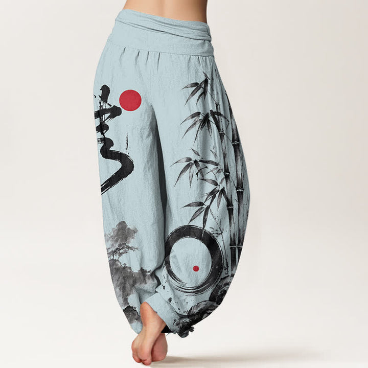 Buddha Stones Pantalones harem de mujer con cintura elástica y estampado de paisaje de bambú y algodón. - image 10